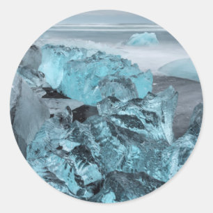 Pegatina Redonda Hielo azul en el paisaje de playa, Islandia