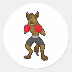 Pegatina Redonda Hiena en boxeo con guantes de boxeo