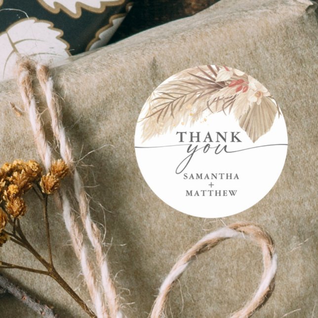 Pegatina Redonda Hierba de Pampas Palma Seca Boda (Pampas grass and dried palm thank you wedding sticker.)
