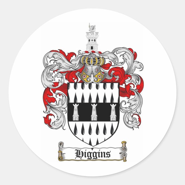 PEGATINA REDONDA HIGGINS FAMILY CREST - ALTA CARNE DE ARMAS (Anverso)