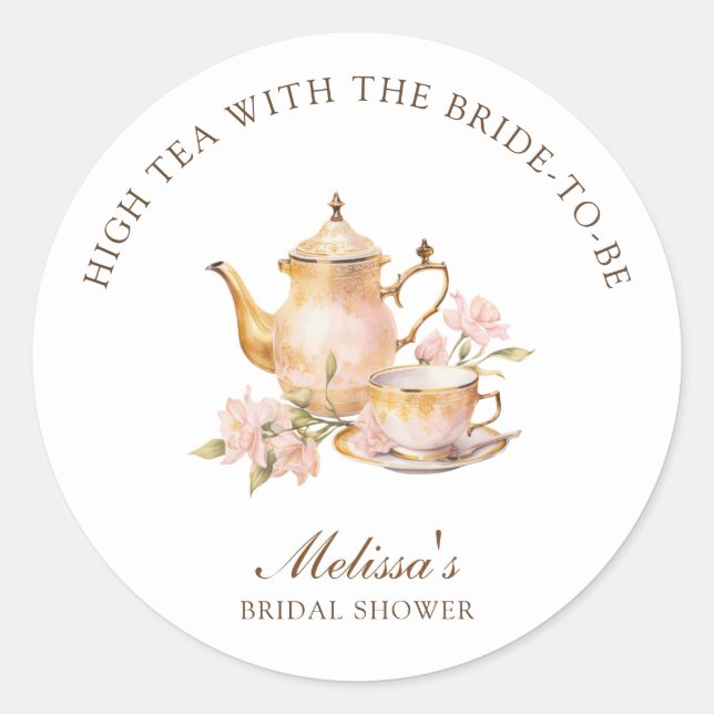 Pegatina Redonda High Tea Pastel Gold Bridal Shower (Anverso)