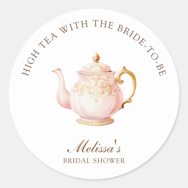 Pegatina Redonda High Tea Pastel Gold Bridal Shower (Anverso)