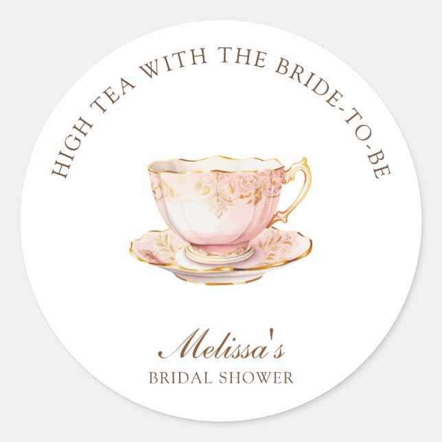 Pegatina Redonda High Tea Pastel Gold Bridal Shower (Anverso)
