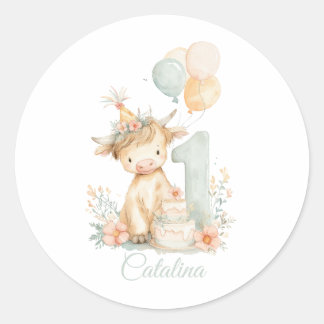 Pegatina Redonda Highland Cow 1st Birthday
