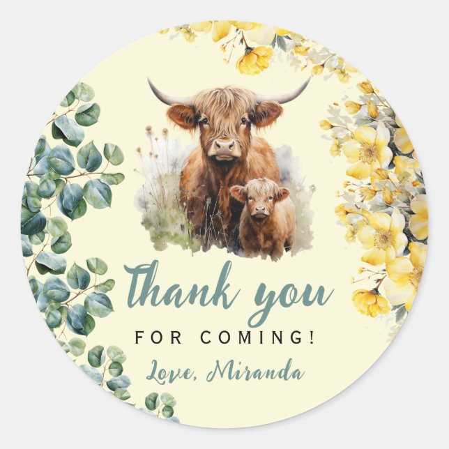Pegatina Redonda Highland Cow Baby Shower (Anverso)