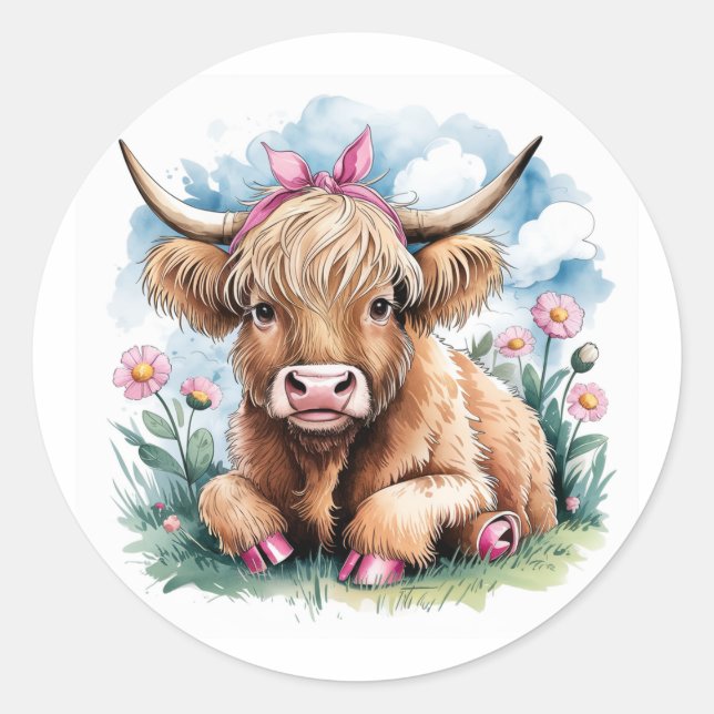 Pegatina Redonda Highland Cow Baby Shower Bliss (Anverso)