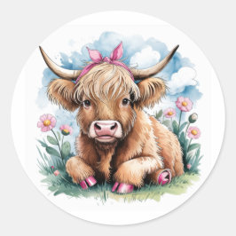Pegatina Redonda Highland Cow Baby Shower Bliss
