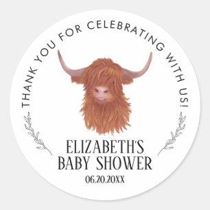 Pegatina Redonda Highland Cow Baby Shower Gracias