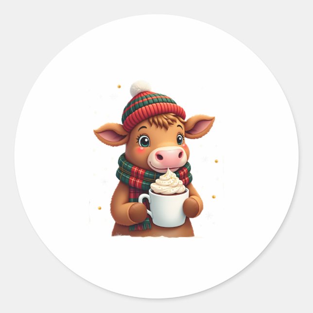 Pegatina Redonda Highland Cow Brushstroke Christmas T-Shirt (4) (Anverso)