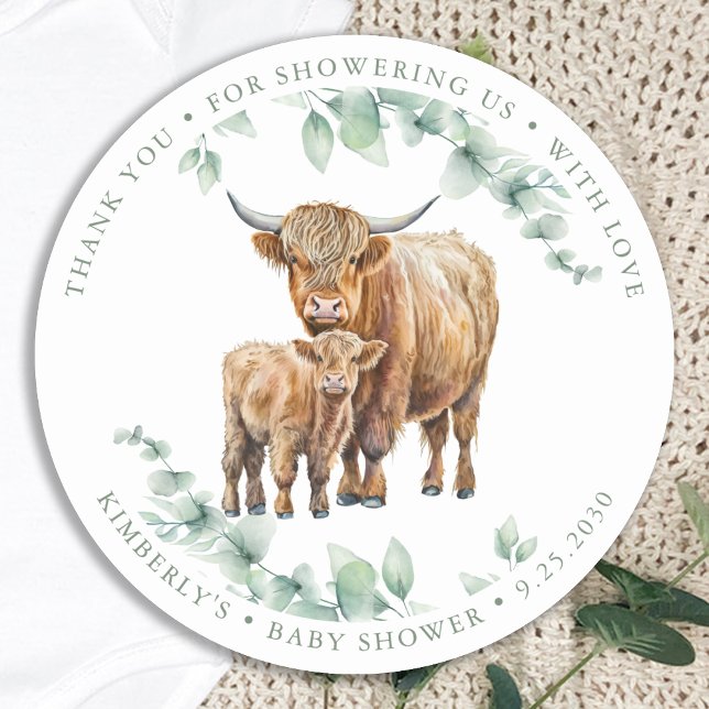 Pegatina Redonda Highland Cow Greenery Boho Farm Animal Baby Shower (Subido por el creador)