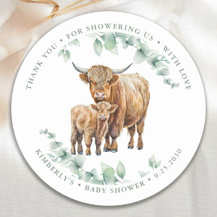 Pegatina Redonda Highland Cow Greenery Farm Animals Baby Shower