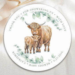 Pegatina Redonda Highland Cow Greenery Farm Animals Baby Shower