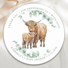 Pegatina Redonda Highland Cow Greenery Farm Animals Baby Shower