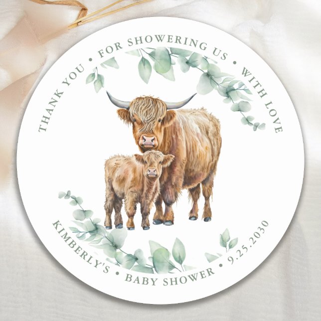 Pegatina Redonda Highland Cow Greenery Farm Animals Baby Shower (Subido por el creador)