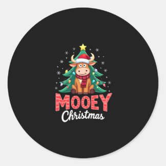 Pegatina Redonda Highland Cow Heifer Santa Hat Mooey Christmas Tree