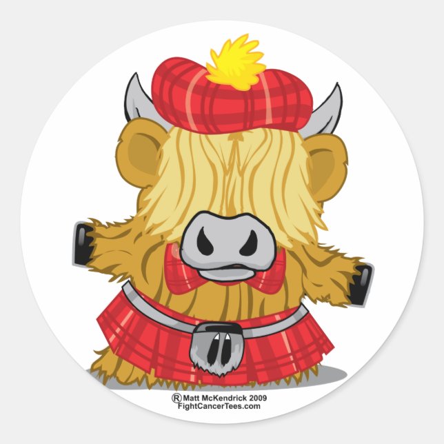 Pegatina Redonda Highland Cow Red Kilt (Anverso)