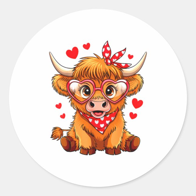 Pegatina Redonda Highland Cow Valentines Day Funny Hearts Valentine (Anverso)