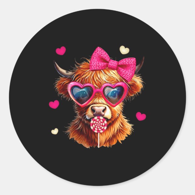 Pegatina Redonda Highland Cow Valentines Day Funny Hearts Valentine (Anverso)