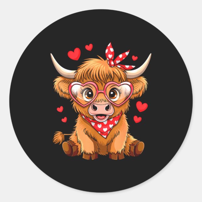 Pegatina Redonda Highland Cow Valentines Day Funny Hearts Valentine (Anverso)