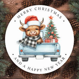 Pegatina Redonda Highland Cow Vintage Blue Truck Feliz Navidad