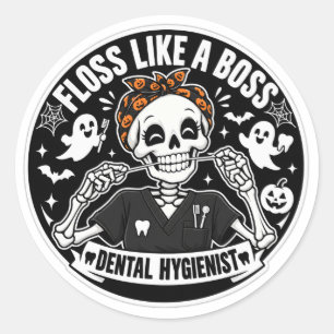 Pegatina Redonda Higienista Dental Esqueleto de Halloween
