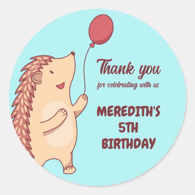Pegatina Redonda Hijos Personalizados de Hedgehog y Globos Fiesta d (Anverso)