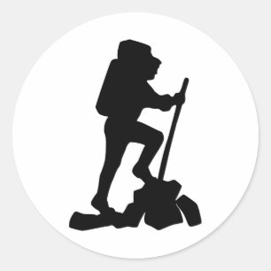 Pegatina Redonda Hiker Silhouette Emblem Diseño Gráfico Backpacker