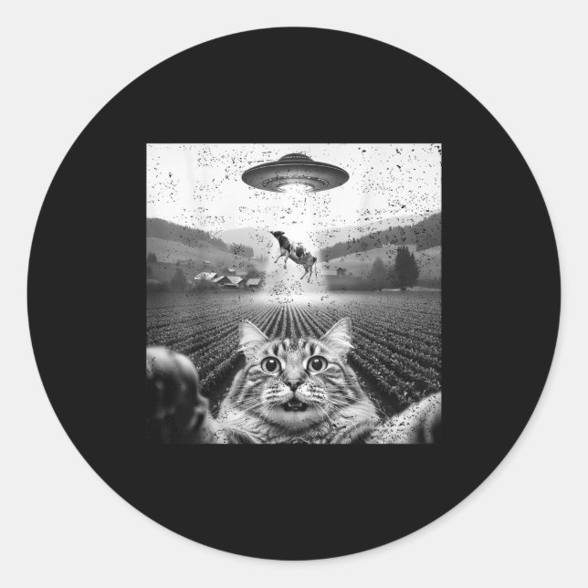 Pegatina Redonda Hilarious Cat Selfie Ufo Cow Abduction Alien Meme  (Anverso)