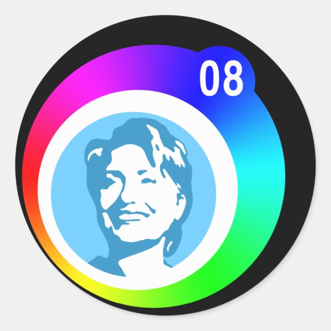 Pegatina Redonda hillary clinton. burbujas arcoiris. (Anverso)