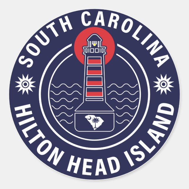 Pegatina Redonda Hilton Head Island Lighthouse Retro Sunset (Anverso)