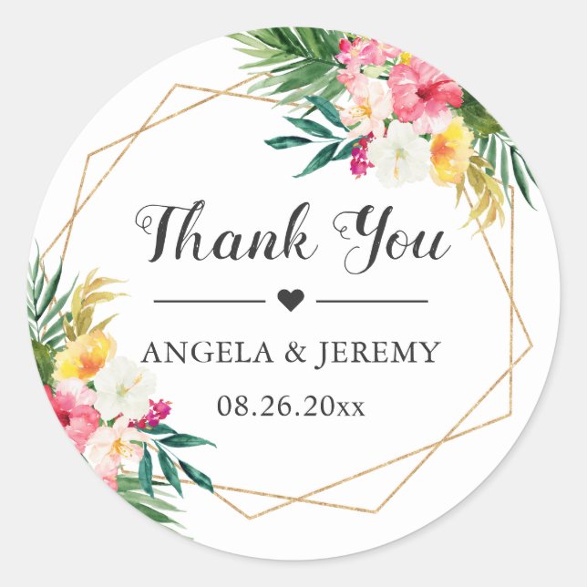 Pegatina Redonda Hinchas Tropicales Floral Wedding Favor Gracias (Anverso)