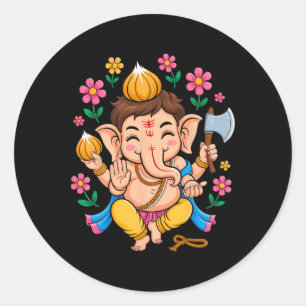 Pegatina Redonda Hindu Ganesha Puja Dios Elefante India Meditación