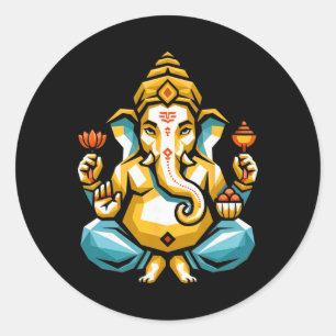 Pegatina Redonda Hindu Ganesha Puja Dios Elefante India Meditación