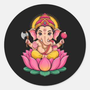 Pegatina Redonda Hindu Ganesha Puja Dios Elefante India Meditación 