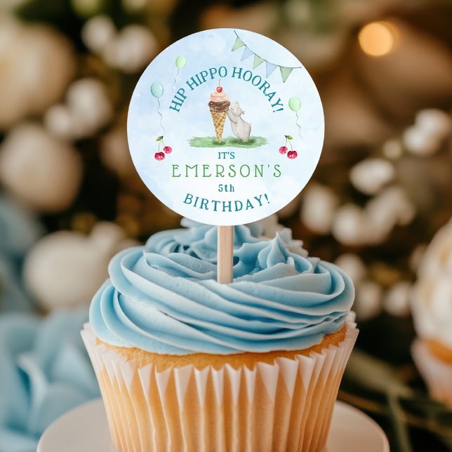 Pegatina Redonda Hip Hippo Hooray Birthday Party (Round Hip Hippo Hooray Birthday Sticker being used as a cupcake topper)