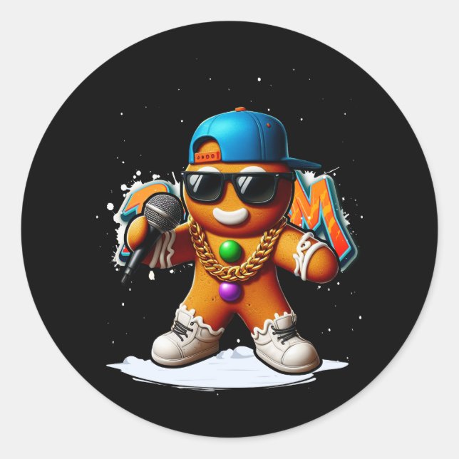 Pegatina Redonda Hip Hop Gingerbread rapero X-Mas Graciosa Cookie (Anverso)