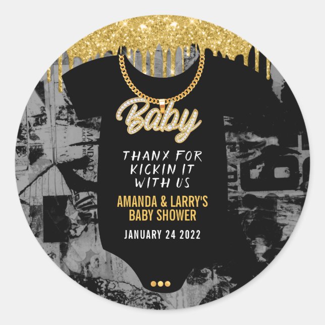 Pegatina Redonda Hip Hop Gold Chain Baby Shower (Anverso)