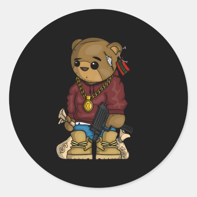 Pegatina Redonda Hip Hop Teddy Bear Con Gun Get Dinero Rap Music (Anverso)