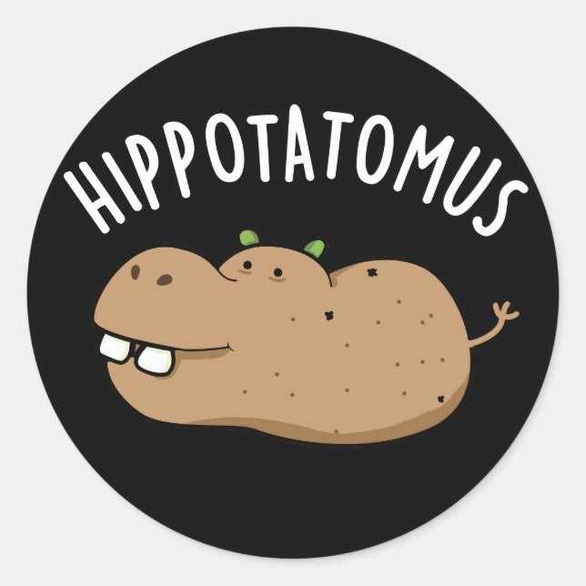Pegatina Redonda Hip-potato-mus Funny Hippo Pun Dark BG (Anverso)