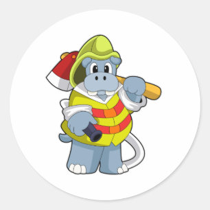 Pegatina Redonda Hipo como bombero con hacha