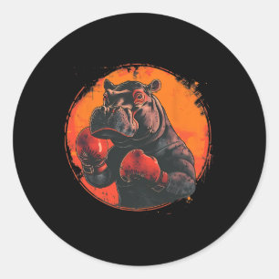 Pegatina Redonda Hipopótamo boxeador con guantes de boxeo kickboxin