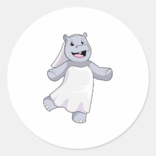 Pegatina Redonda Hipopótamo como Novia con Velo