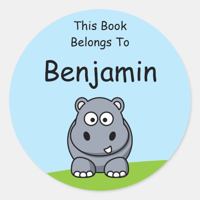 Pegatina Redonda Hipopótamo Lindo Este Libro Pertenece A (Anverso)
