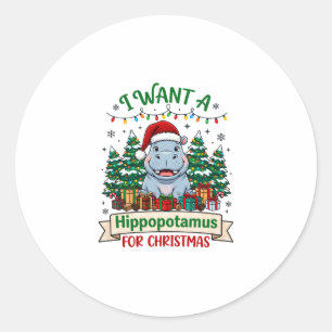 Pegatina Redonda Hipopótamo Navidad Hipopótamo Sombrero Santa Árbol