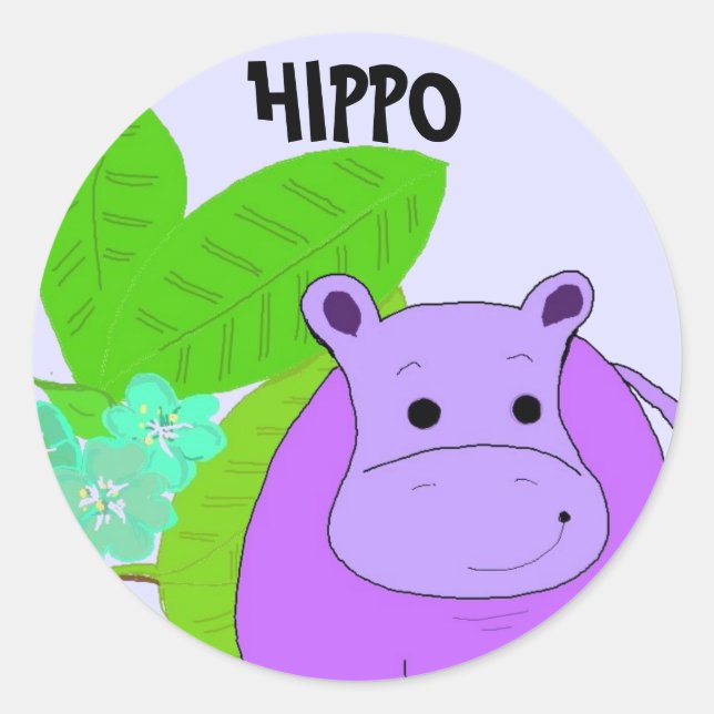 Pegatina Redonda Hipopótamo Sonriente Púrpura (Anverso)