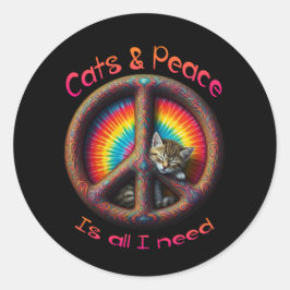 Pegatina Redonda Hippie Tie Dye Cat Amantes de la paz Signo psicodé