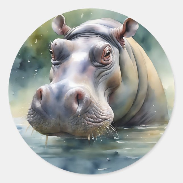 Pegatina Redonda Hippo acuarela etérea (Anverso)