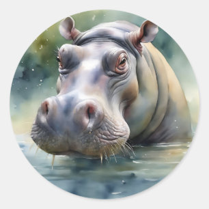 Pegatina Redonda Hippo acuarela etérea