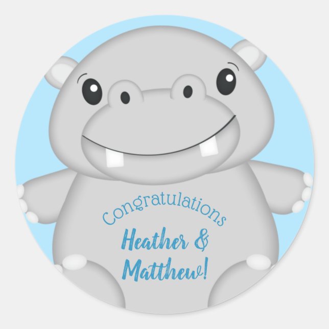 Pegatina Redonda Hippo Baby Shower Blue (Anverso)