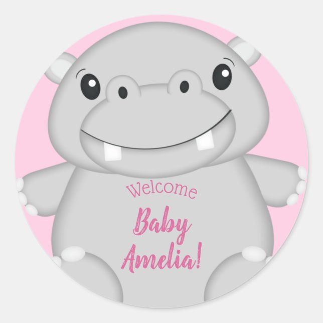 Pegatina Redonda Hippo Baby Shower Pink (Anverso)